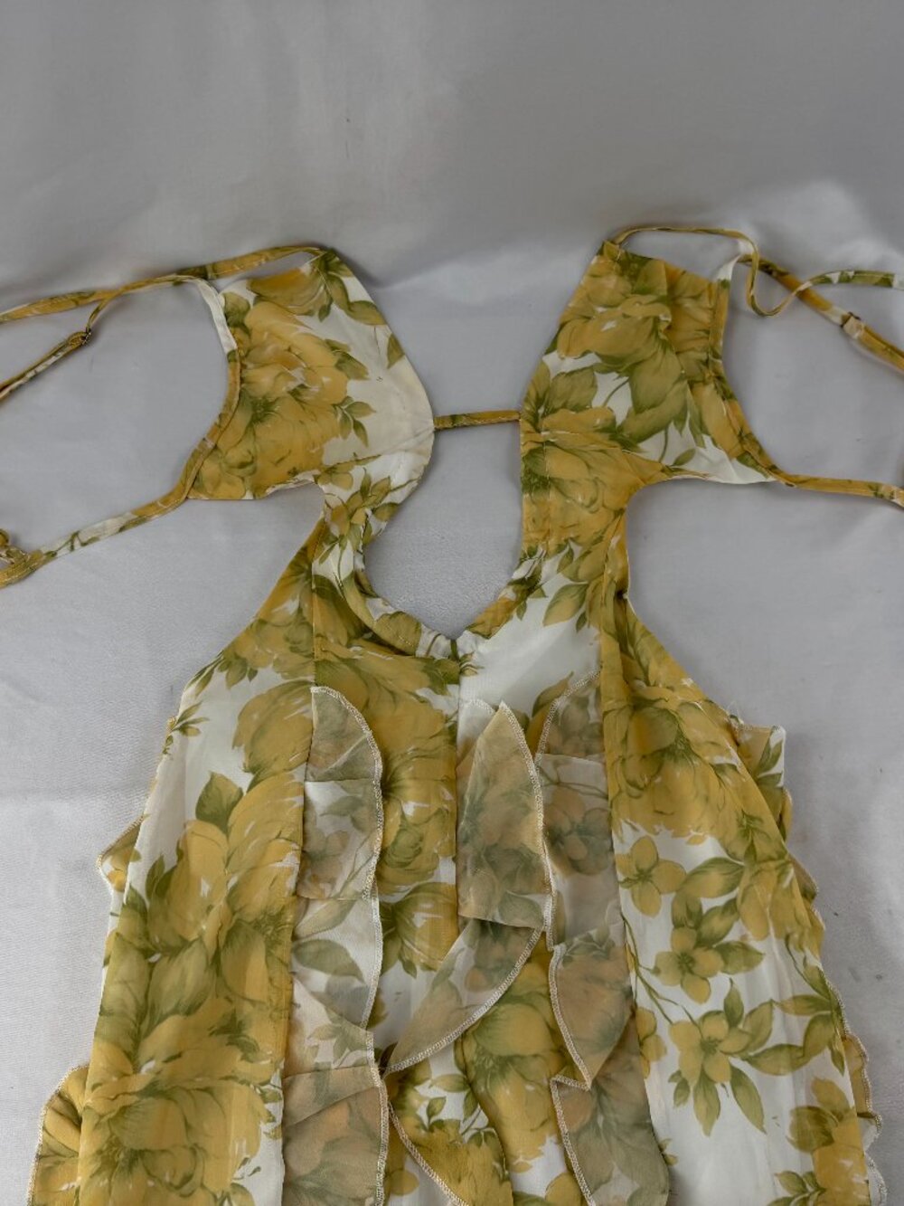 Peppermayo Yellow Floral Ruffle Maxi Skirt Size US 2 AU 6 Slit Tie Back